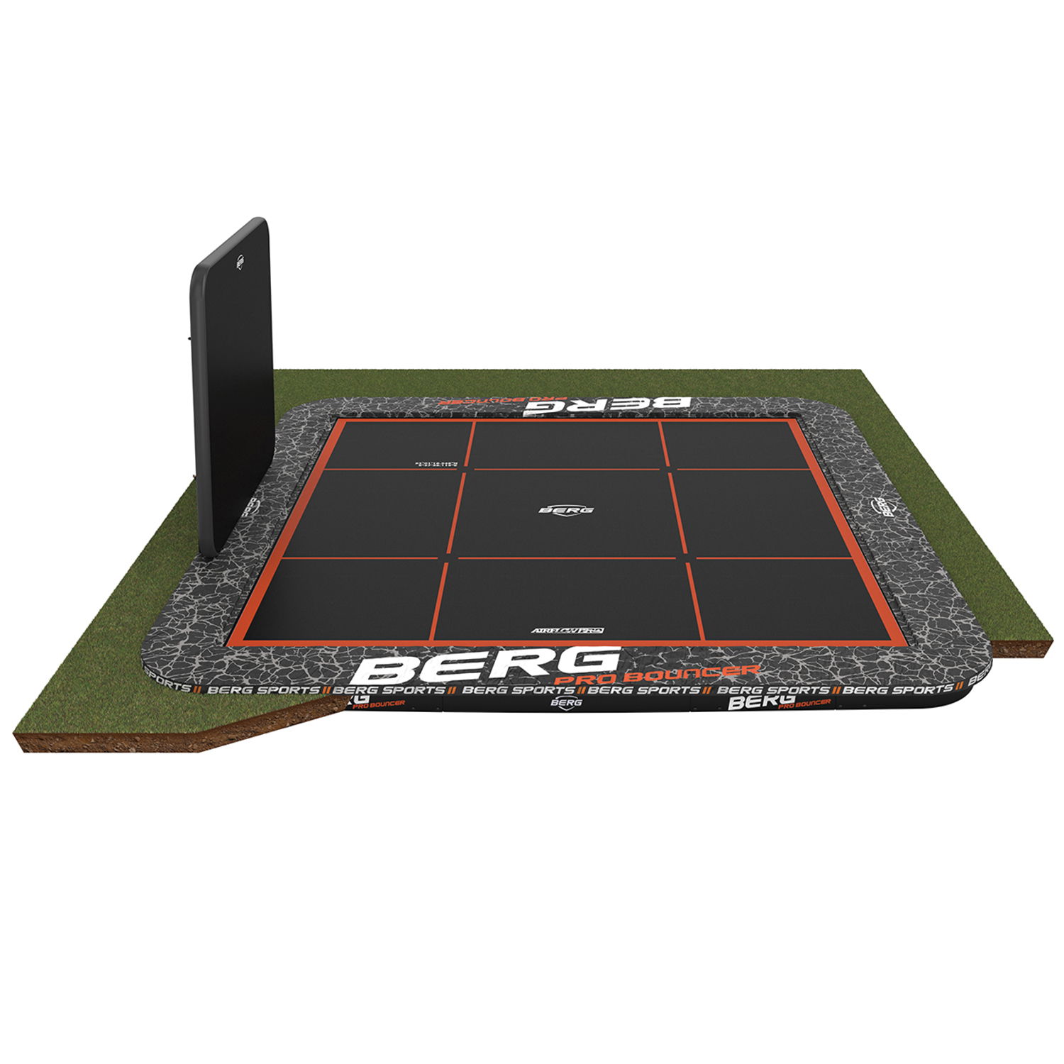 BERG Trampolin SPORTS FlatGround ULTIM Pro Bouncer 5x5 m + AeroWall 2x2 BLK&GRY (NEU)